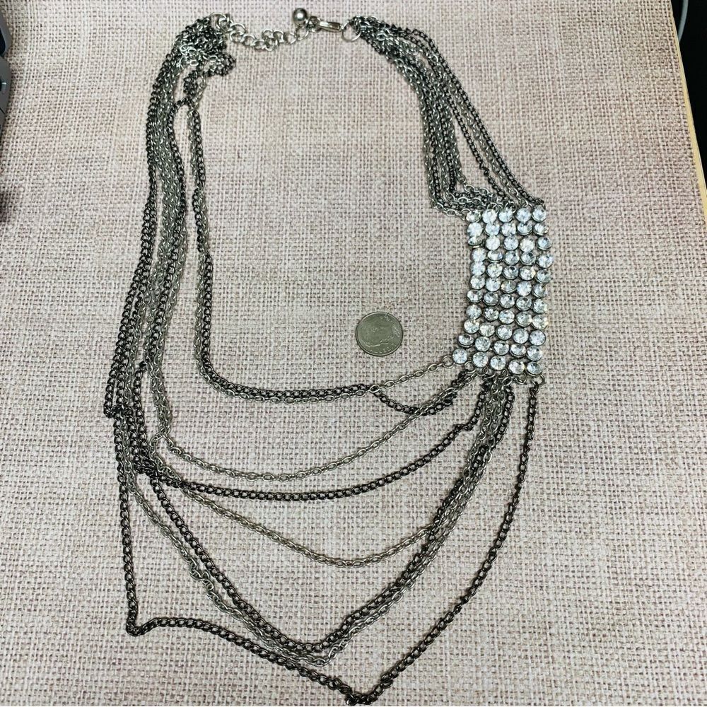 Silver Gunmetal Multi Chain Clear Crystal Layered Necklace